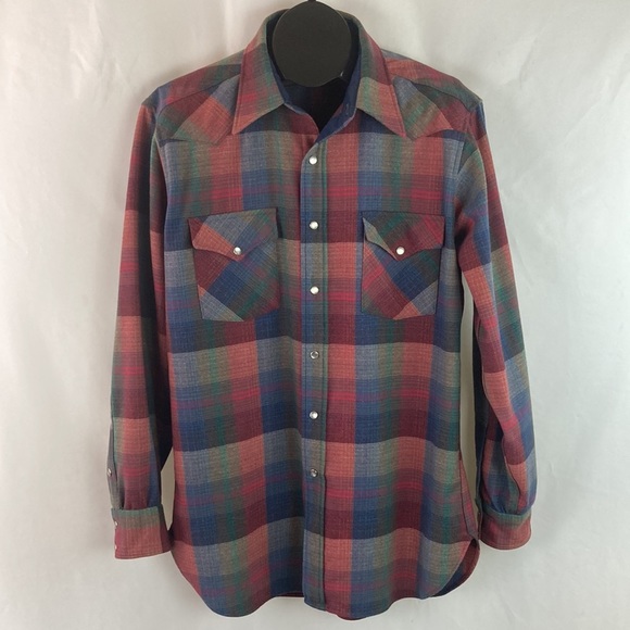 Vintage USA Pendleton Plaid Virgin Wool Western Pearl Snap Large Long (altered) - Picture 10 of 13
